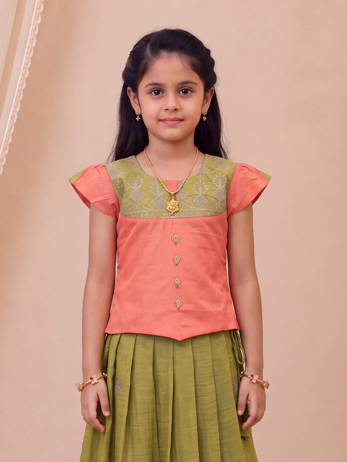 Girls Art Silk Peach Pink with Olive Green Pattu Pavadai Set GPS78