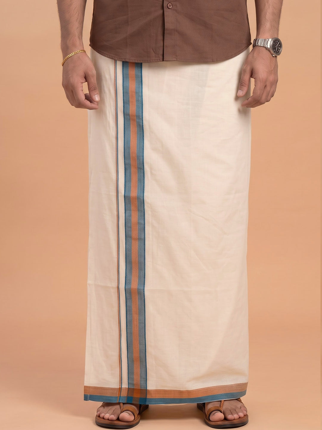 Double Layer Giza Cotton Cream Kora Dhoti with Colour Border - PKF01