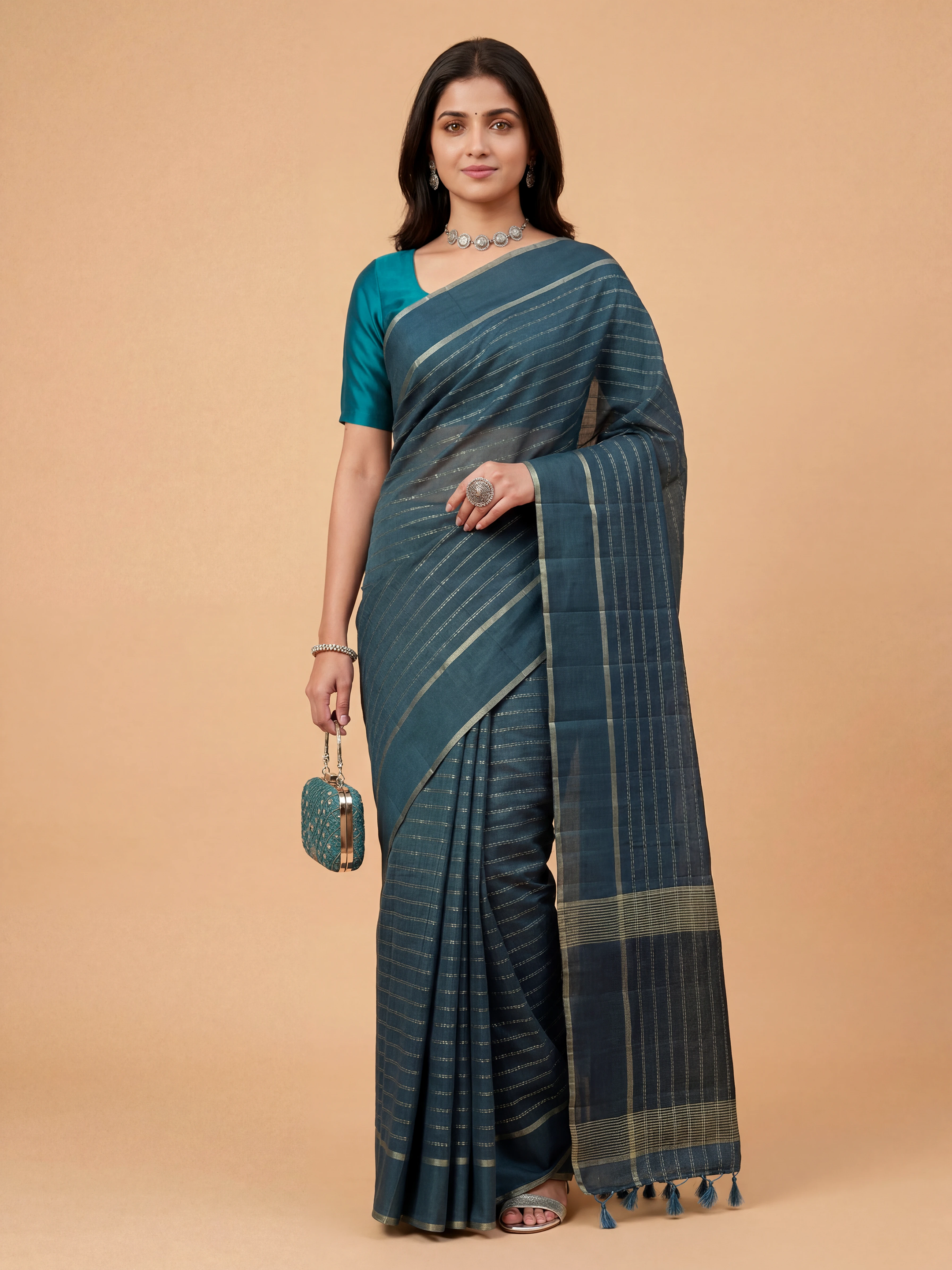 Women Semi Tussar Peacock Blue Saree ST327