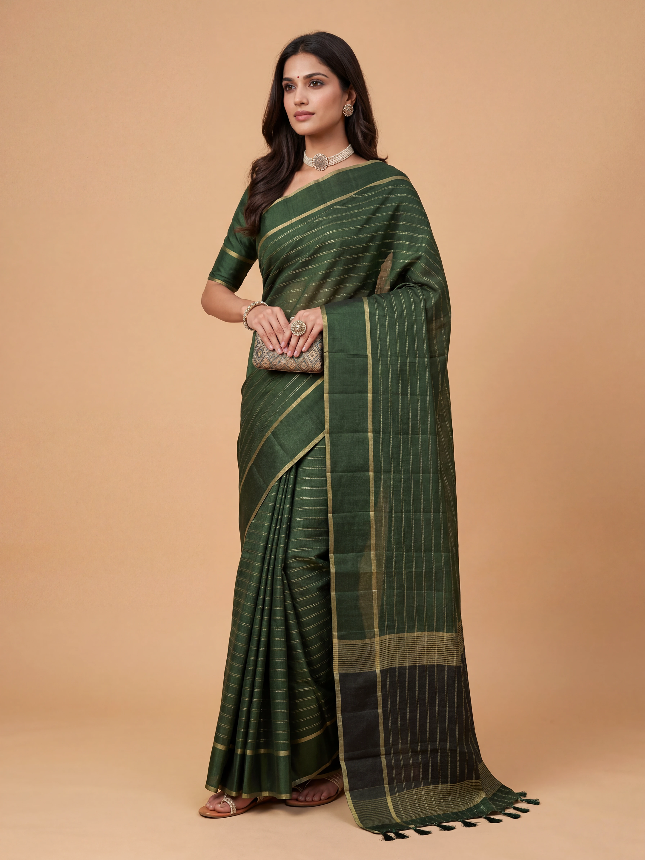 Women Semi Tussar Bottle Green Saree ST325