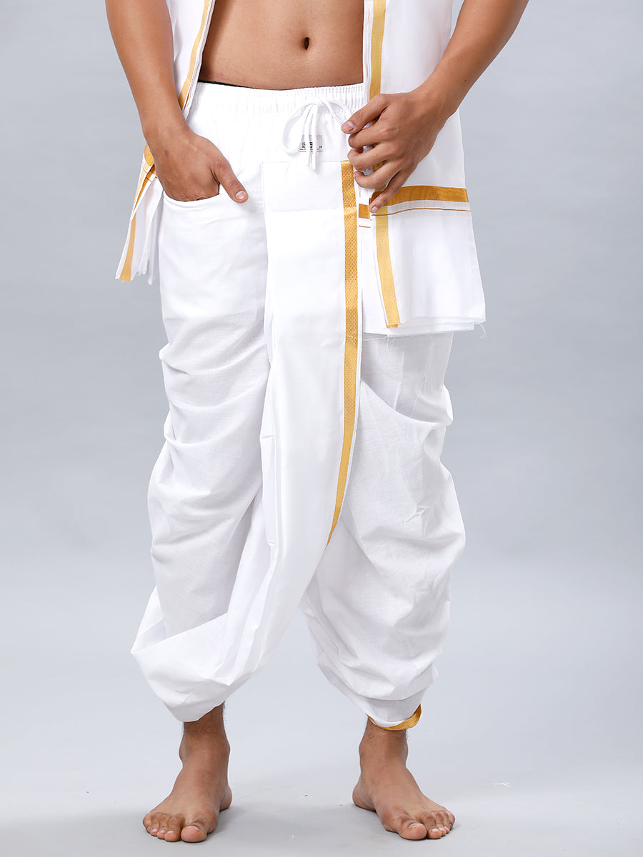 Men's Readymade White Panchakacham & Angavastram with Gold Jari Border Aashan