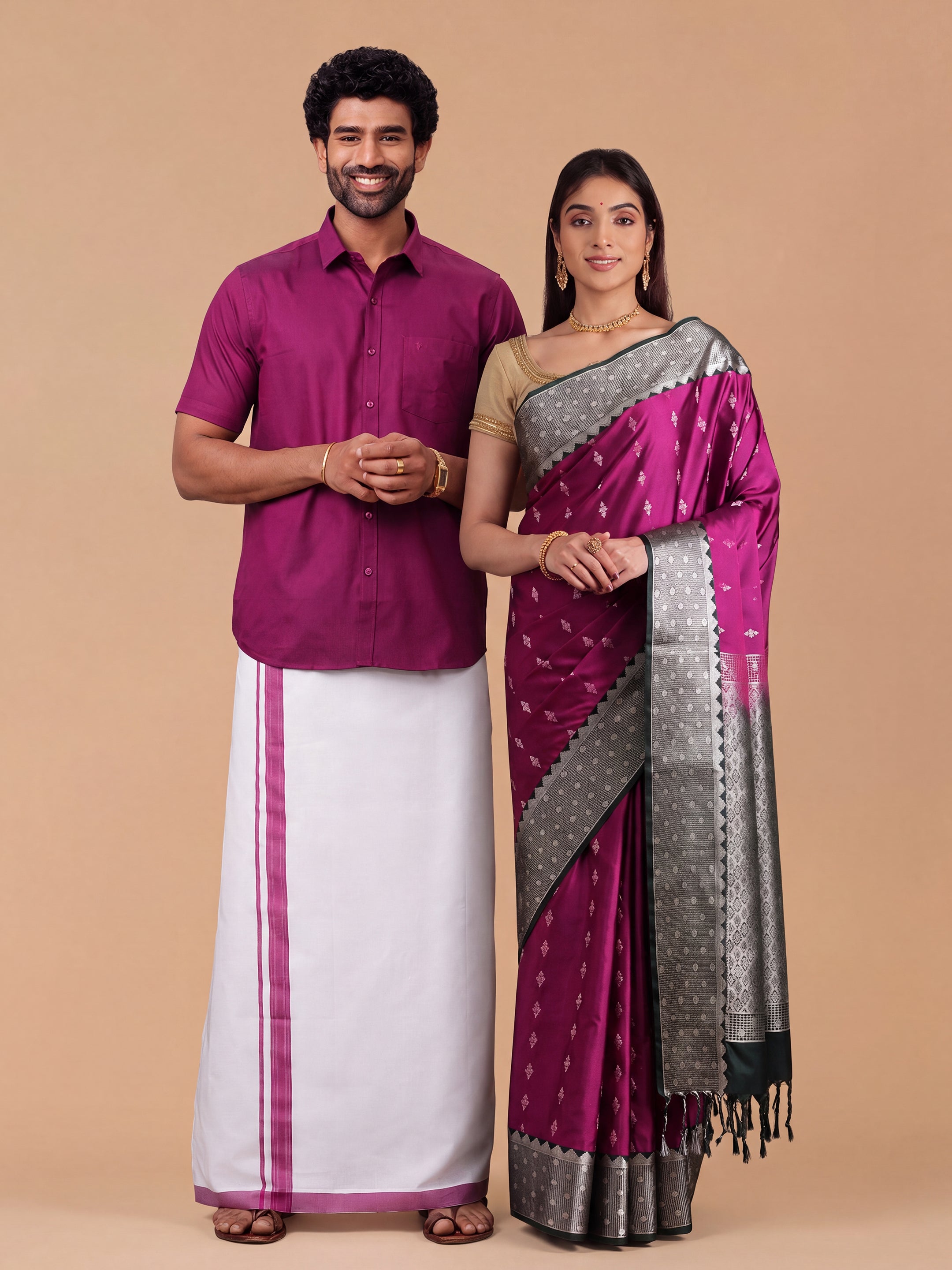 Couple Combo Shirt & Dhoti Set with Saree Magenta SS411