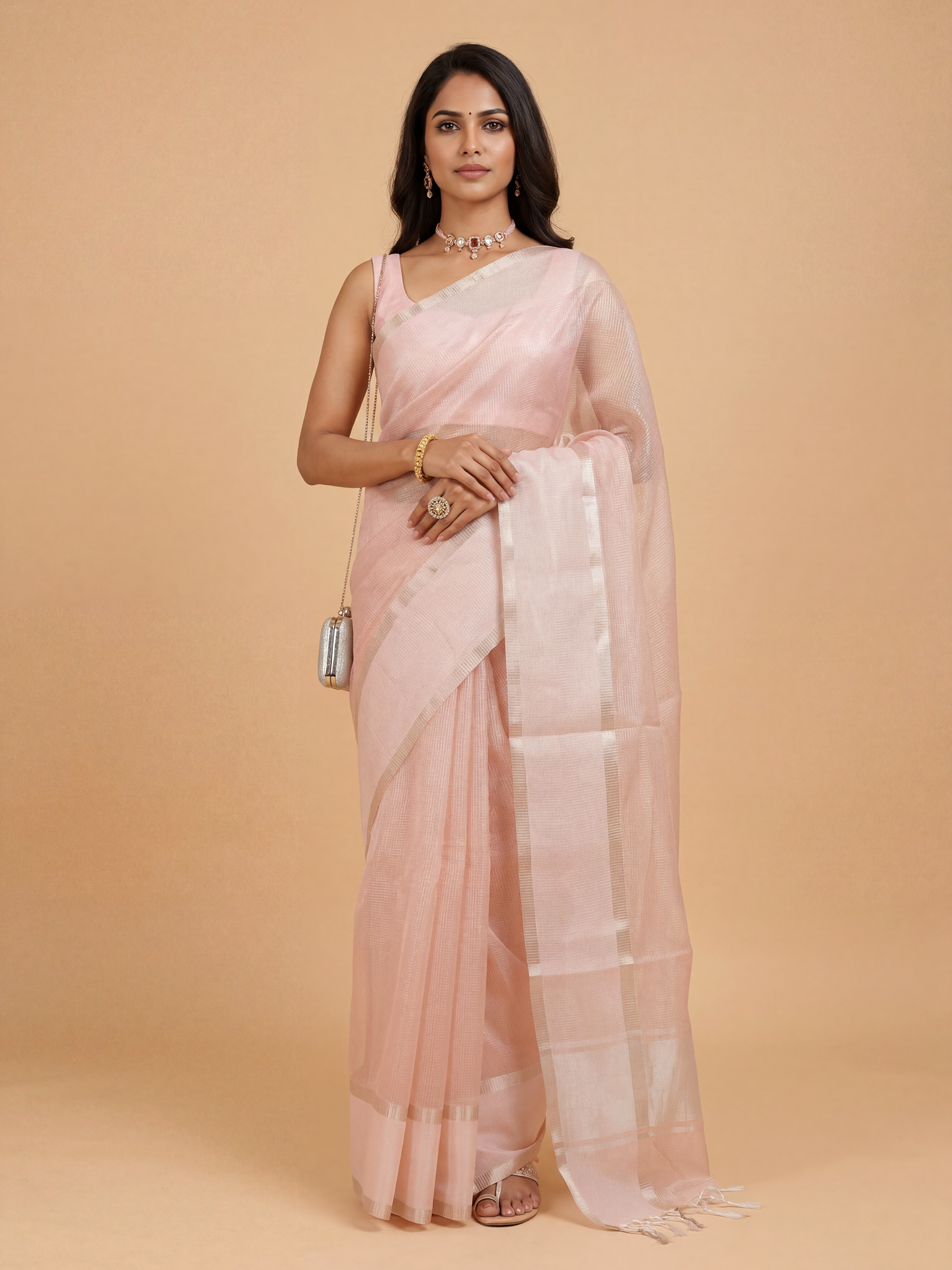 Women Art Silk Peach Saree ASS134