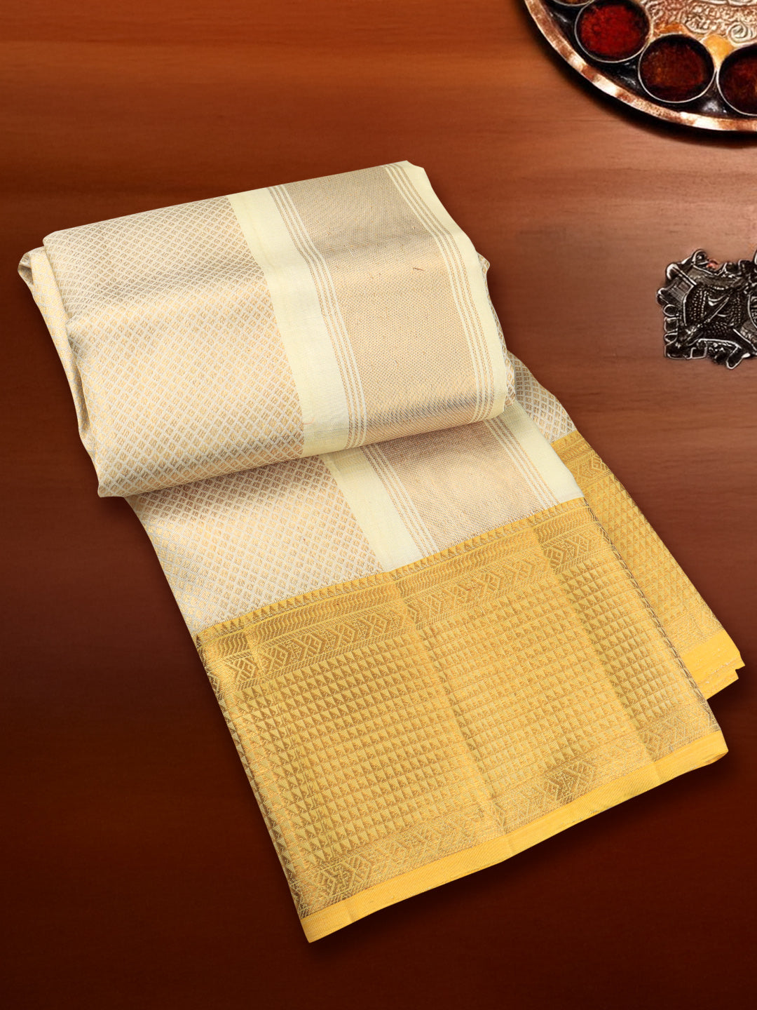 Men Luxury Premium Pure Silk Cream Dhoti Towel Set with 6" inch Gold Jari Border Amirtham AM19