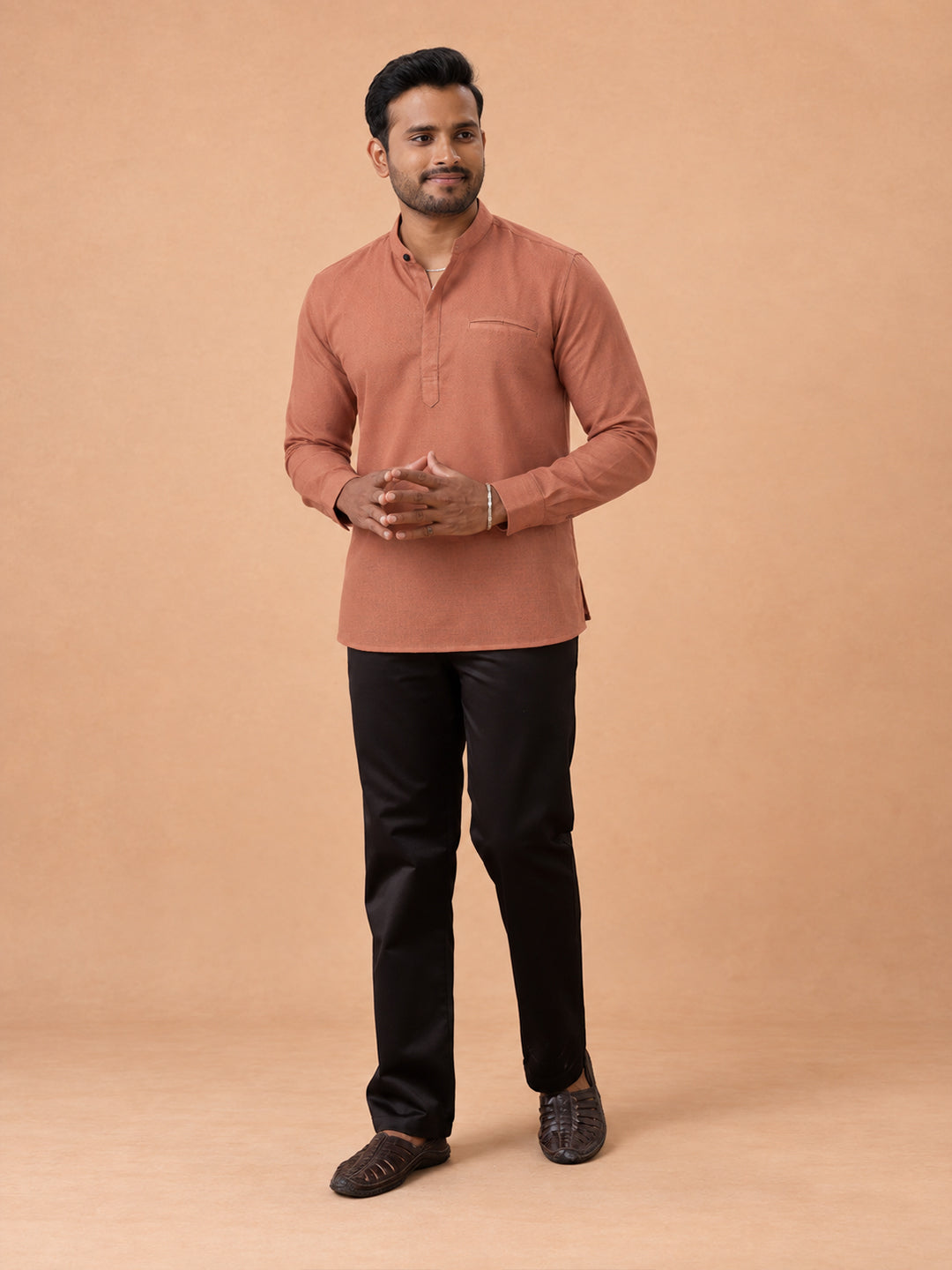 Cotton Short Length Self Design Pocket Kurta Peach Saffron RJ43