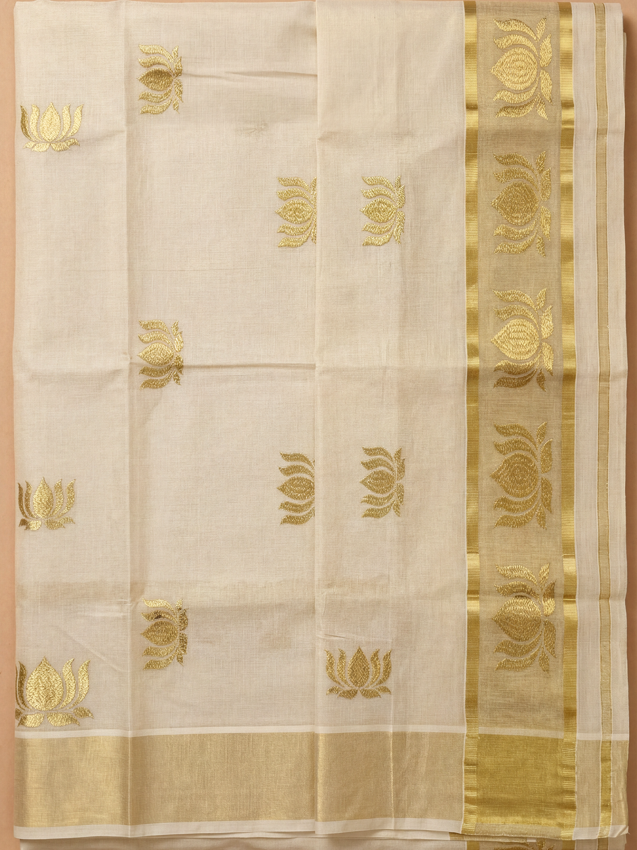 Women Tissue Cream Kerala Saree with Gold Jari KLS20