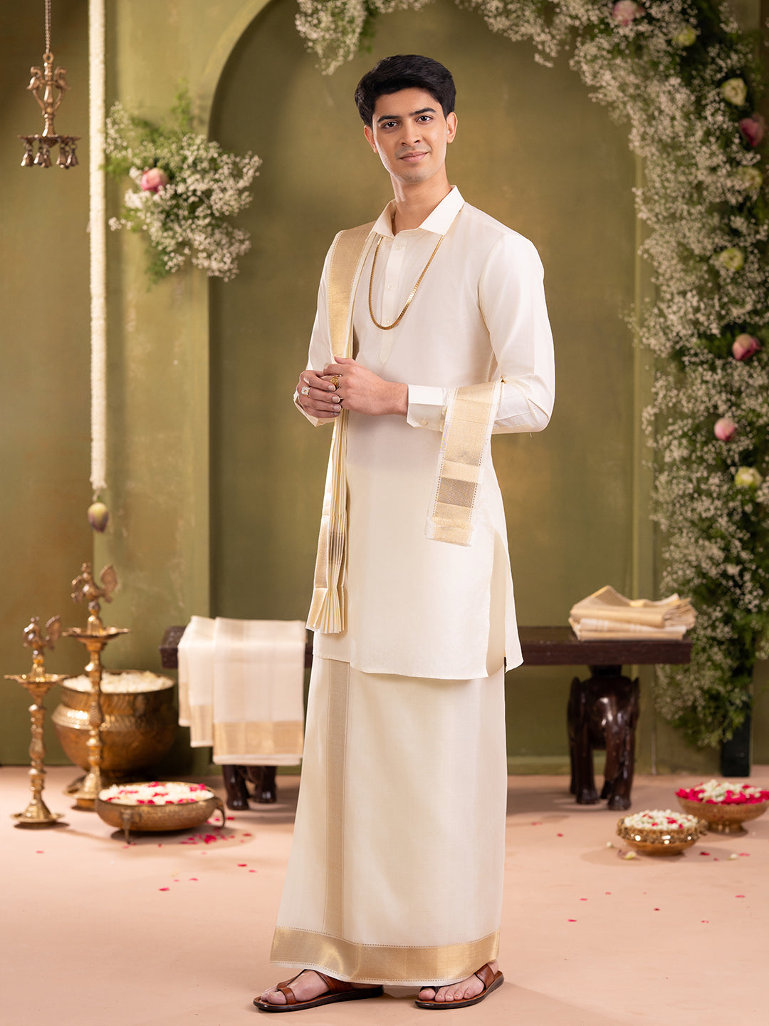 Premium Pure Silk Cream Plain Dhoti Shirting & Towel Set with 3" Jari Border – Rajadharbar