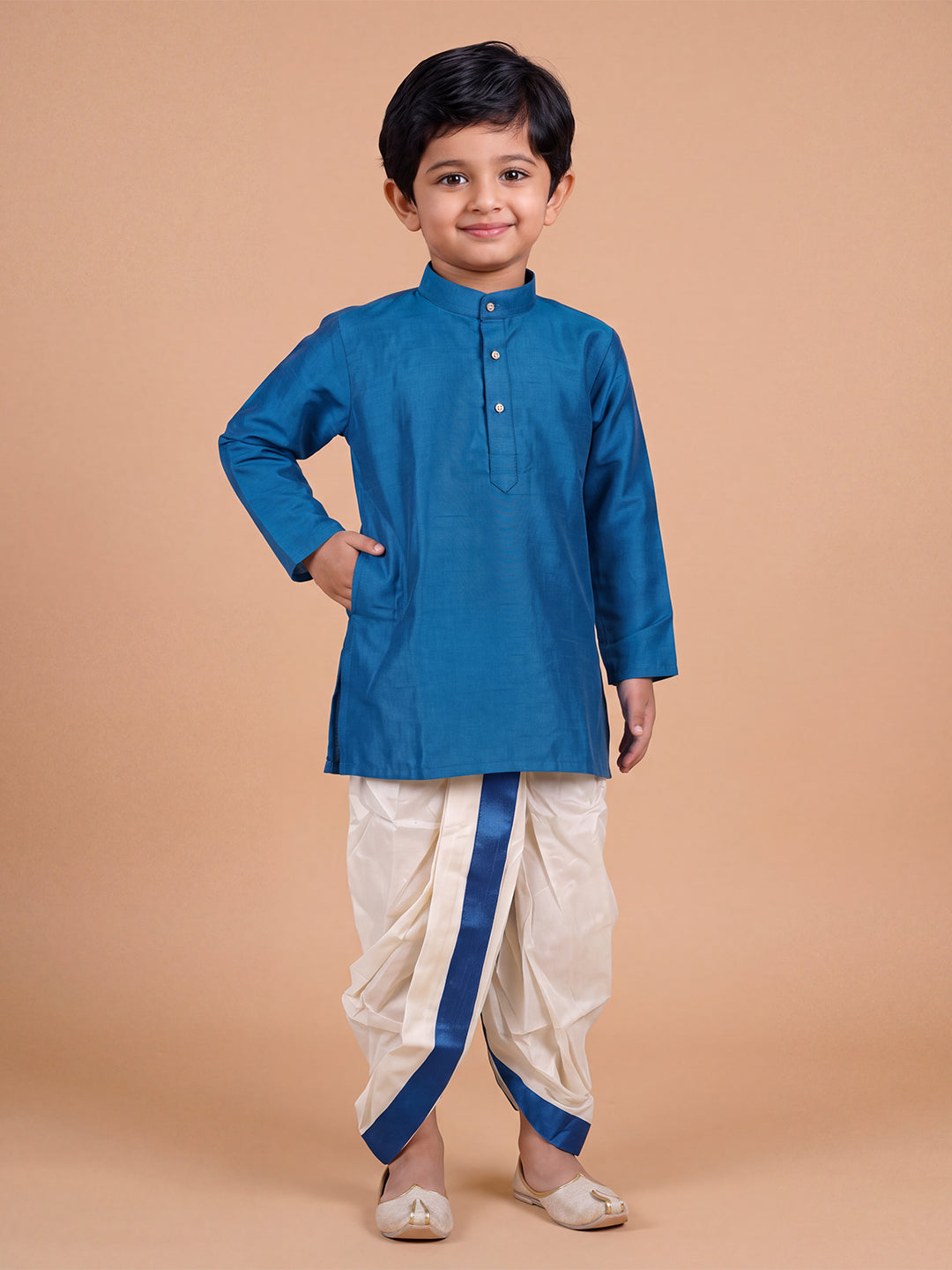 Boys Slub Cotton Full Sleeves Sapphire Blue Kurta with Panchakacham Combo Set SL1