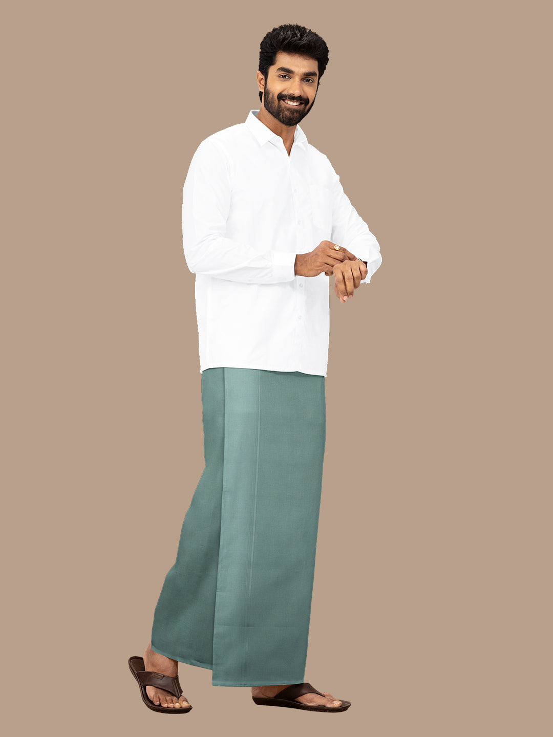 Men 100% Cotton Single Layer Cement Dhoti with Assorted Border Poojan Paramas
