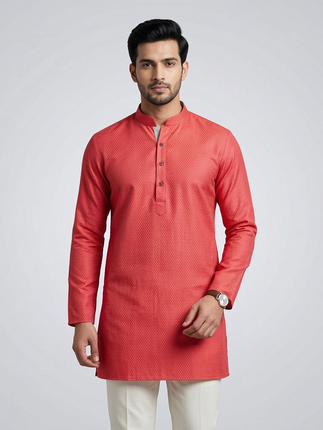 Men Cotton Medium Length Printed Pocket Kurta Reddish Pink MHJ3