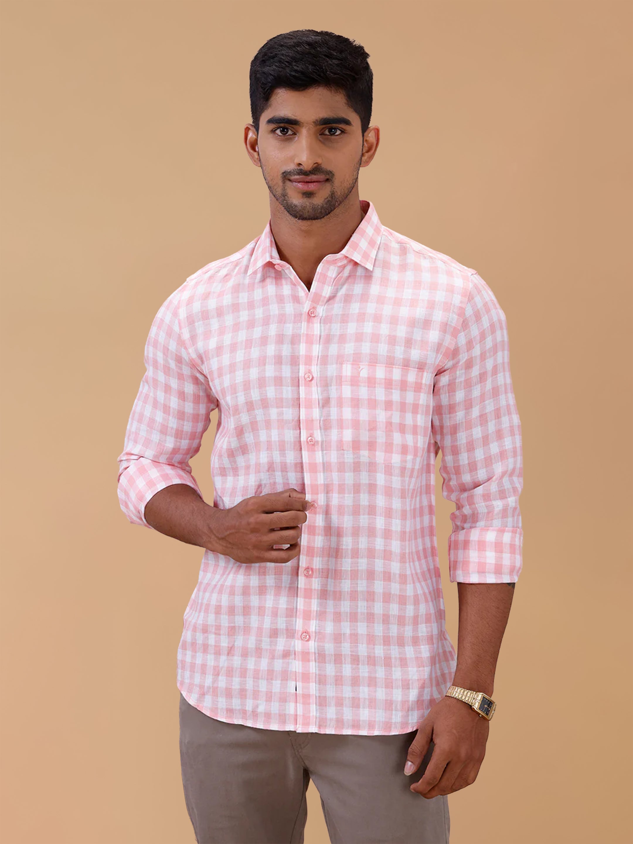 Pure Linen Rose Bud Checked Smart Fit Shirt LS2