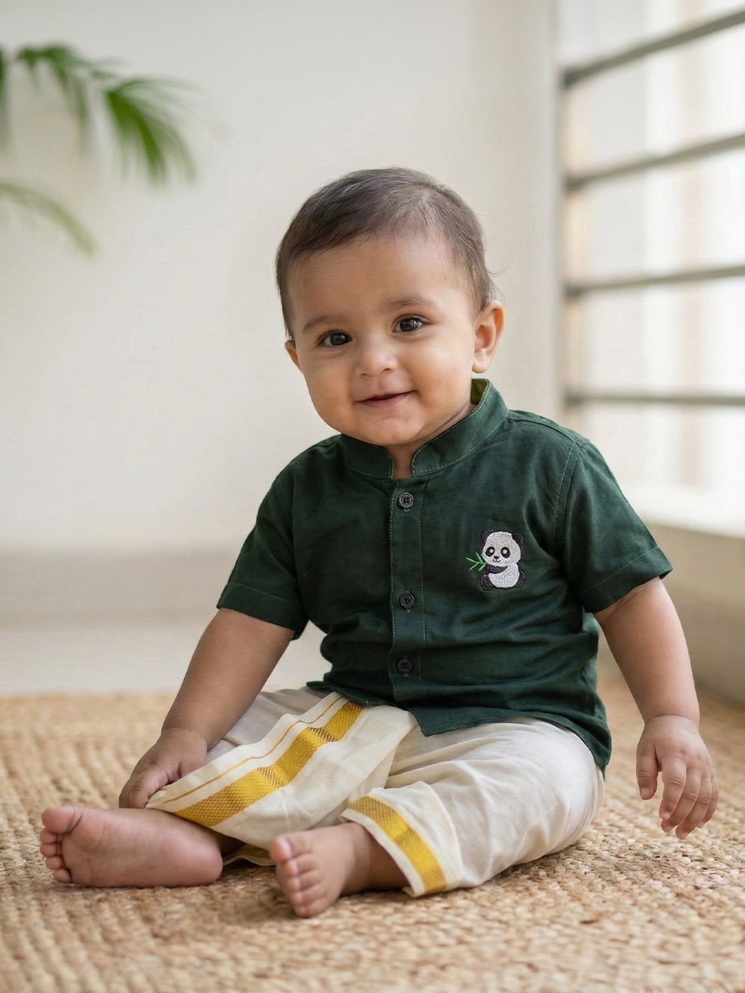 Born Baby Shirt with Pant and Panchakacham Set Dark Green G69