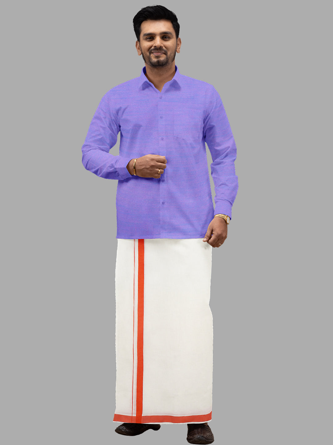 Men Kora Cotton Double Layer Dhoti with Orange Fancy Border LS04