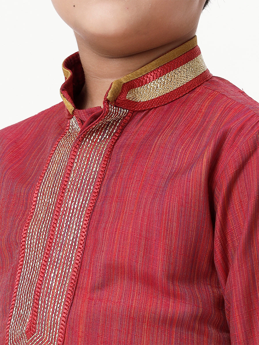 Boys Cotton Embellished Neckline Full Sleeves Red Kurta-Zoom view
