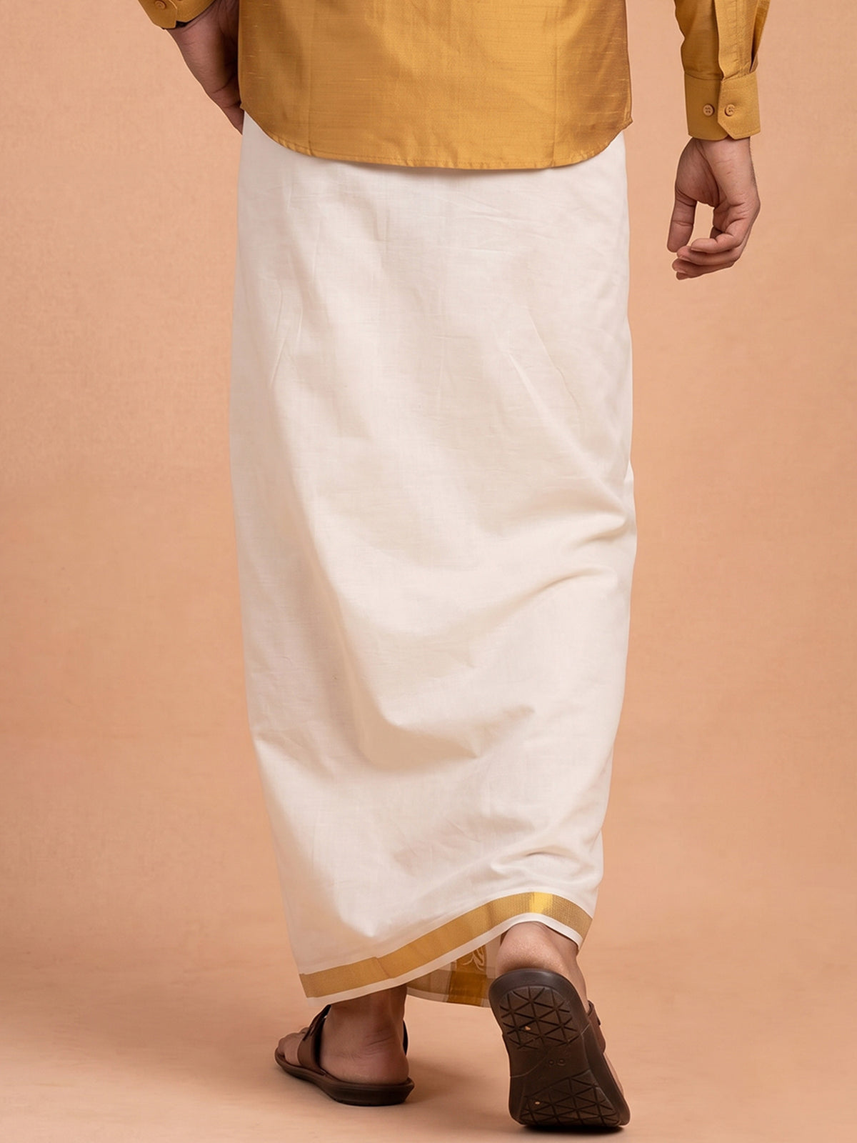 Double Layer Cotton Cream Kora Dhoti With Gold Jari Border - HF Gold HFG10
