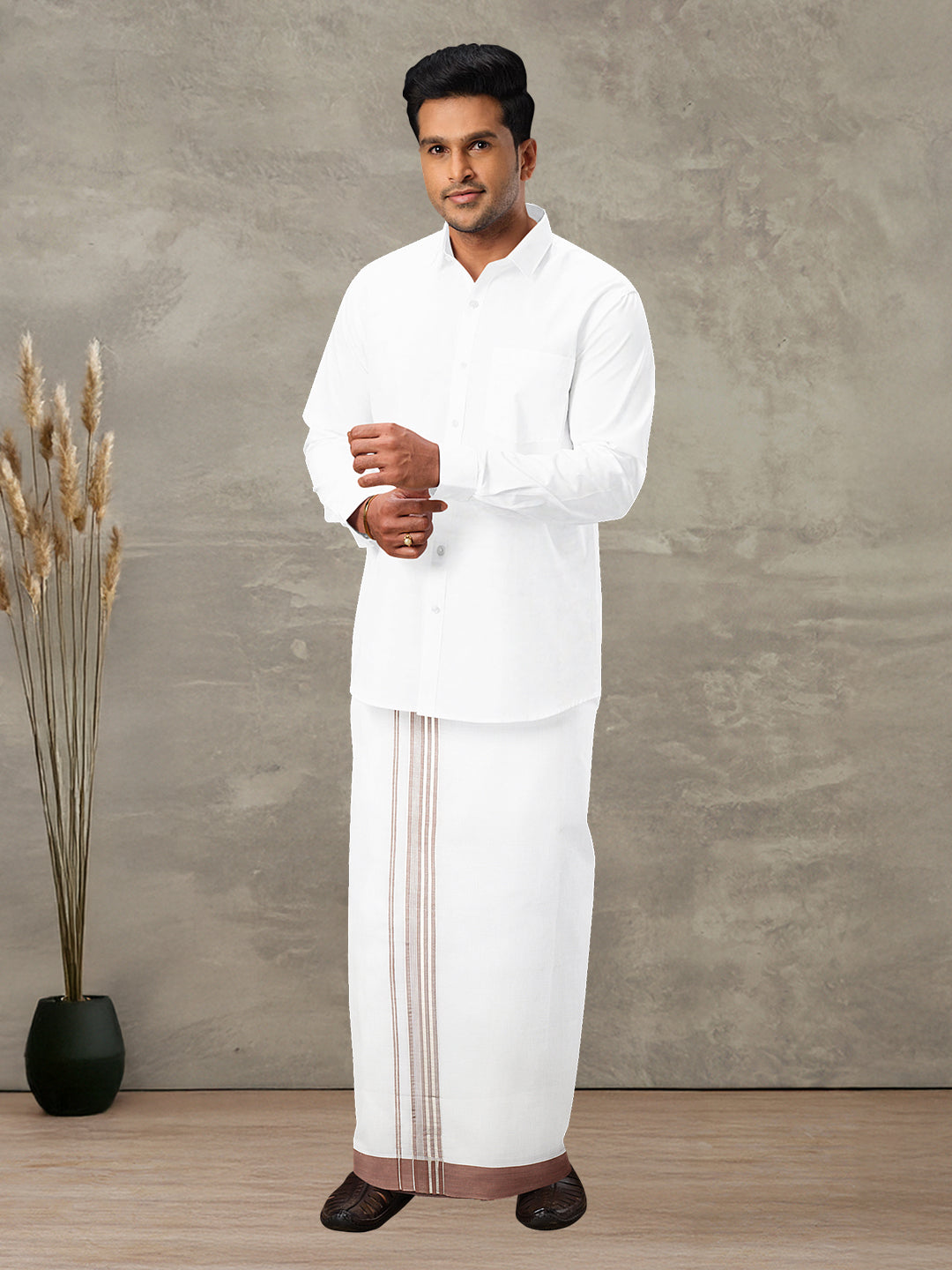 Men 100% Cotton Double Layer White Dhoti with Fancy Jari Border NFCY13