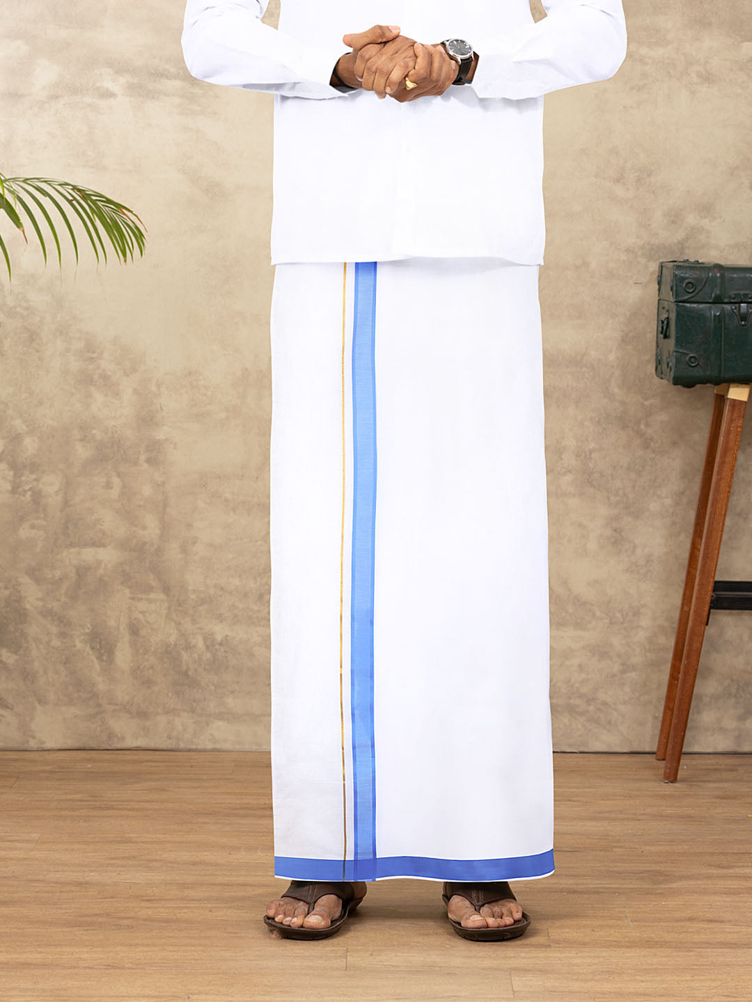 Men Cotton Blend Readymade Double Layer White Dhoti with Fancy Jari Border GFDA11