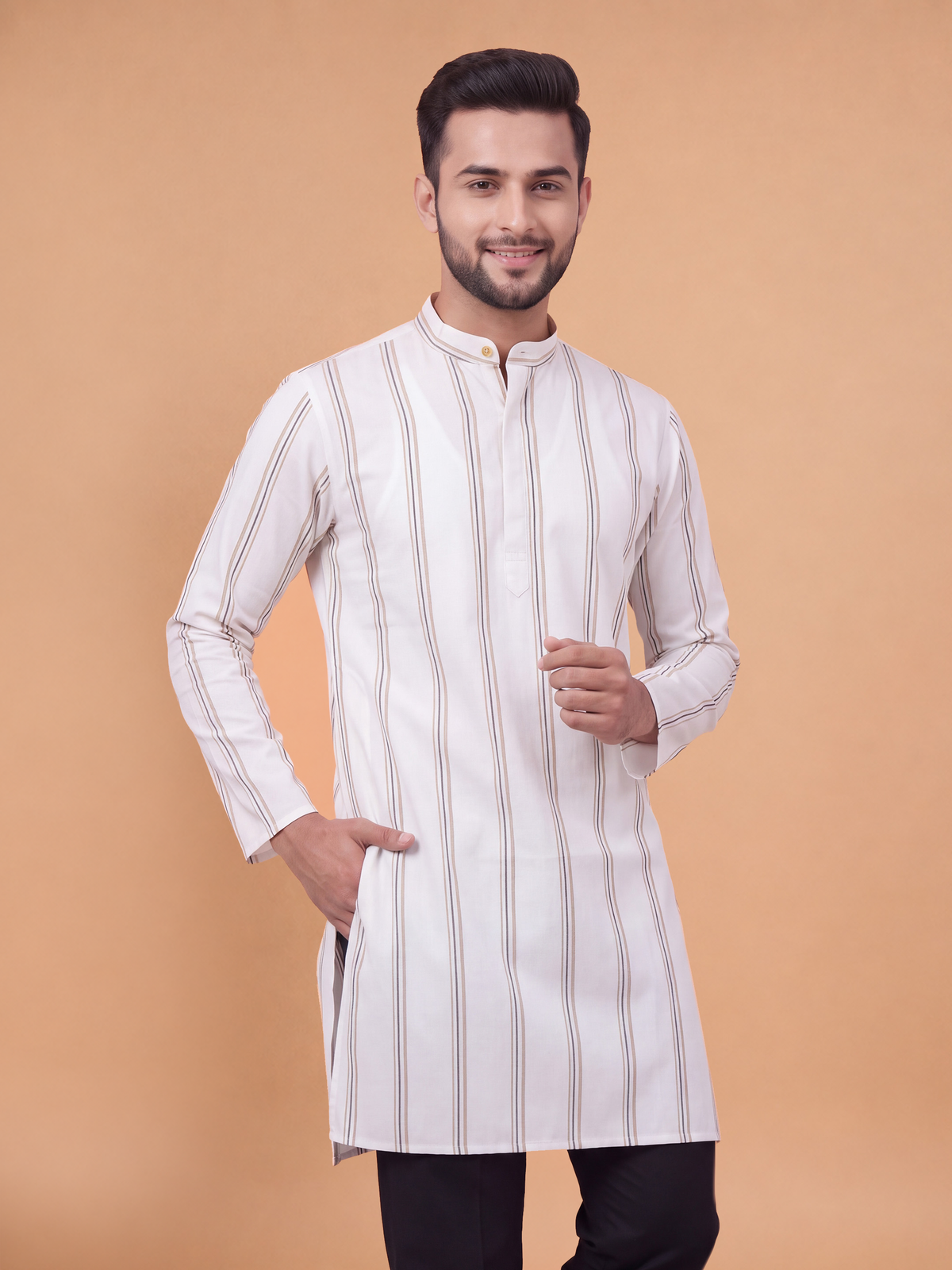 Cotton Medium Length Cream Tri Stripe Pocket Kurta RS14