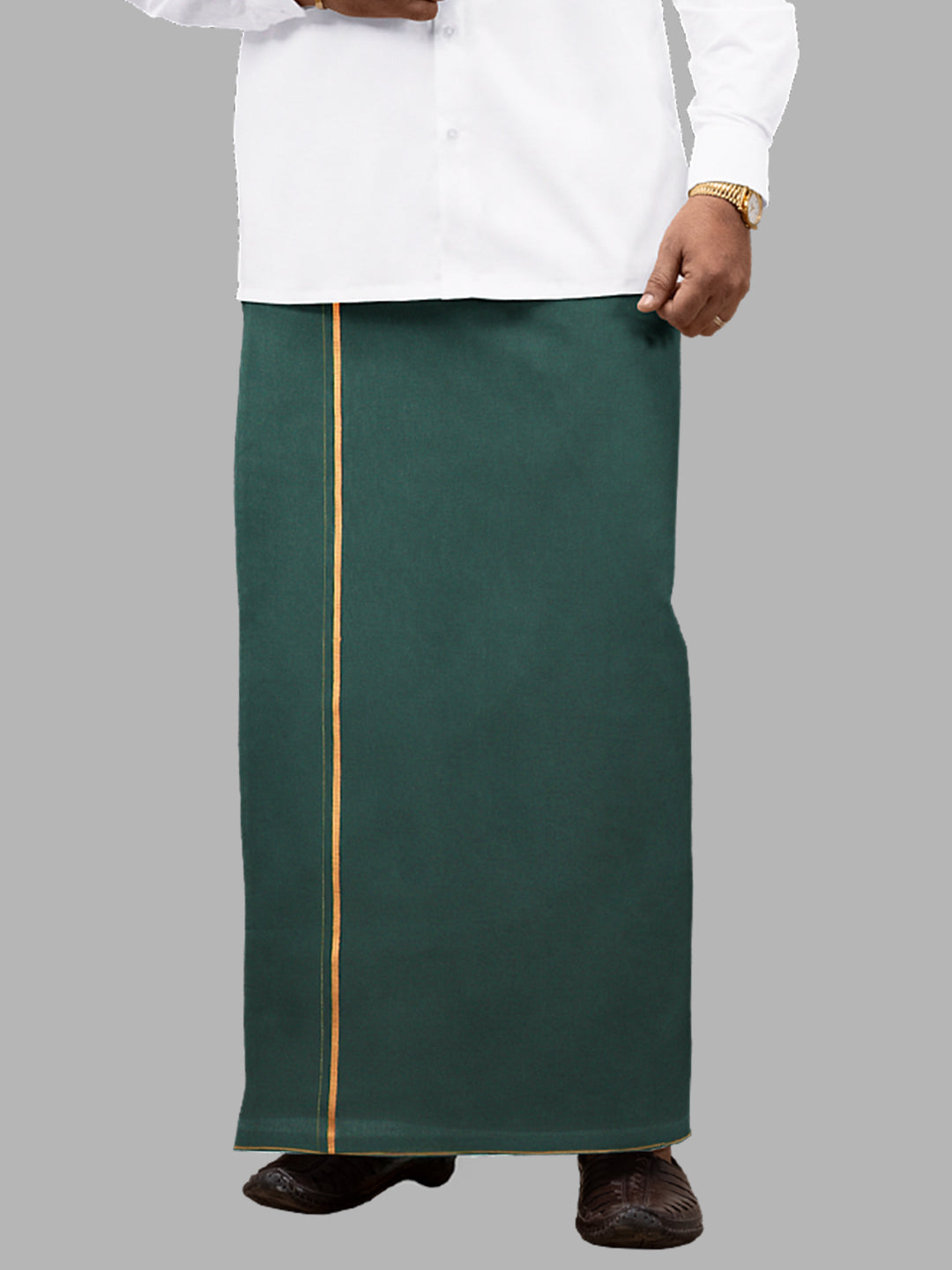 Men 100% Cotton Single Layer Bottle Green Dhoti with Assorted Border Poojan SB