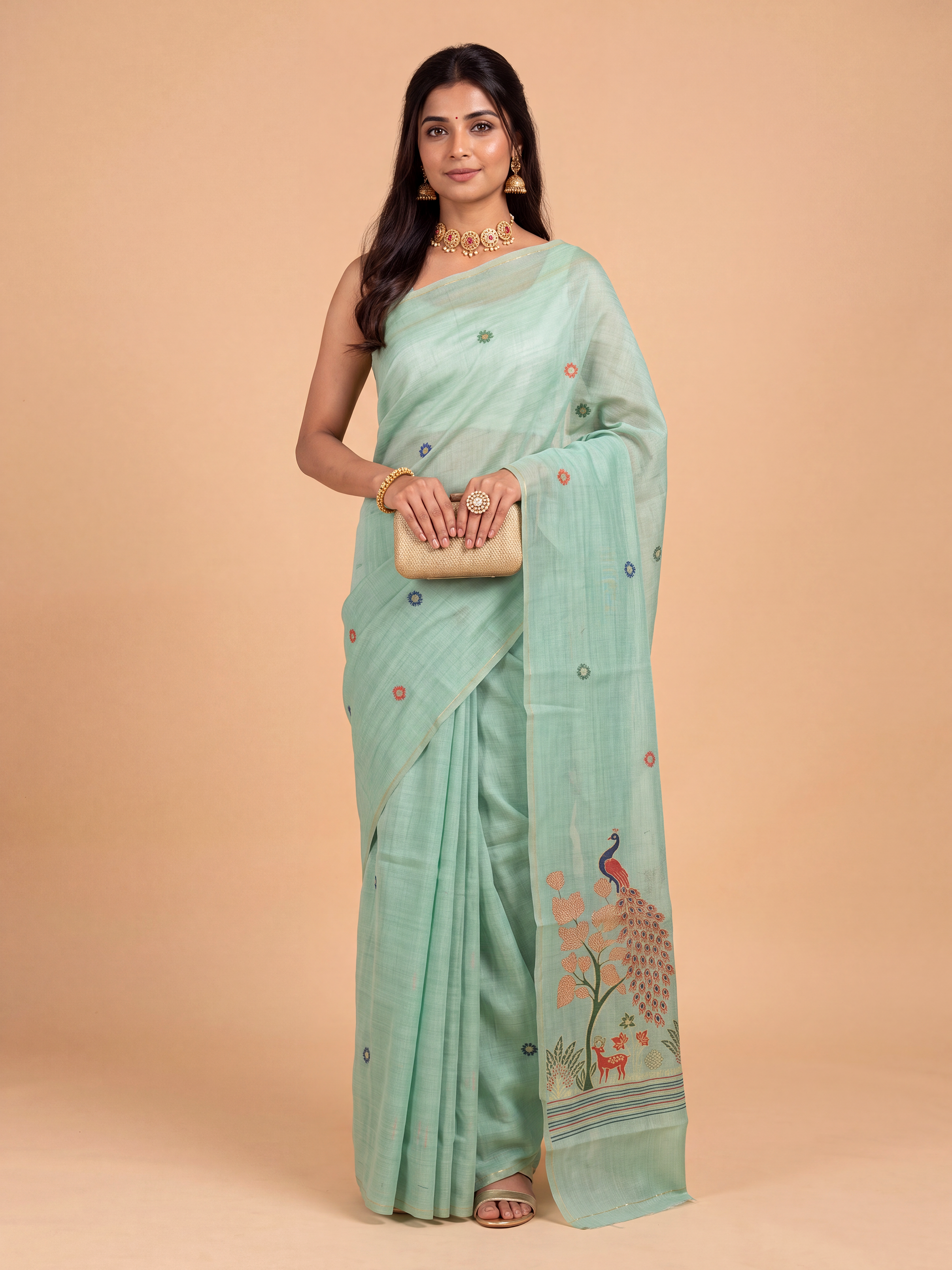 Women Mint Green Spun Poly Printed Saree SP11