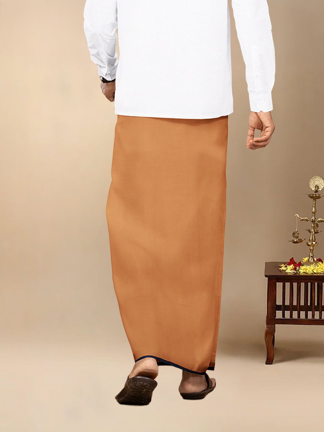 Men Cotton Blend Single Layer Kaavi Dhoti & Towel Set with Navy Border Poojan