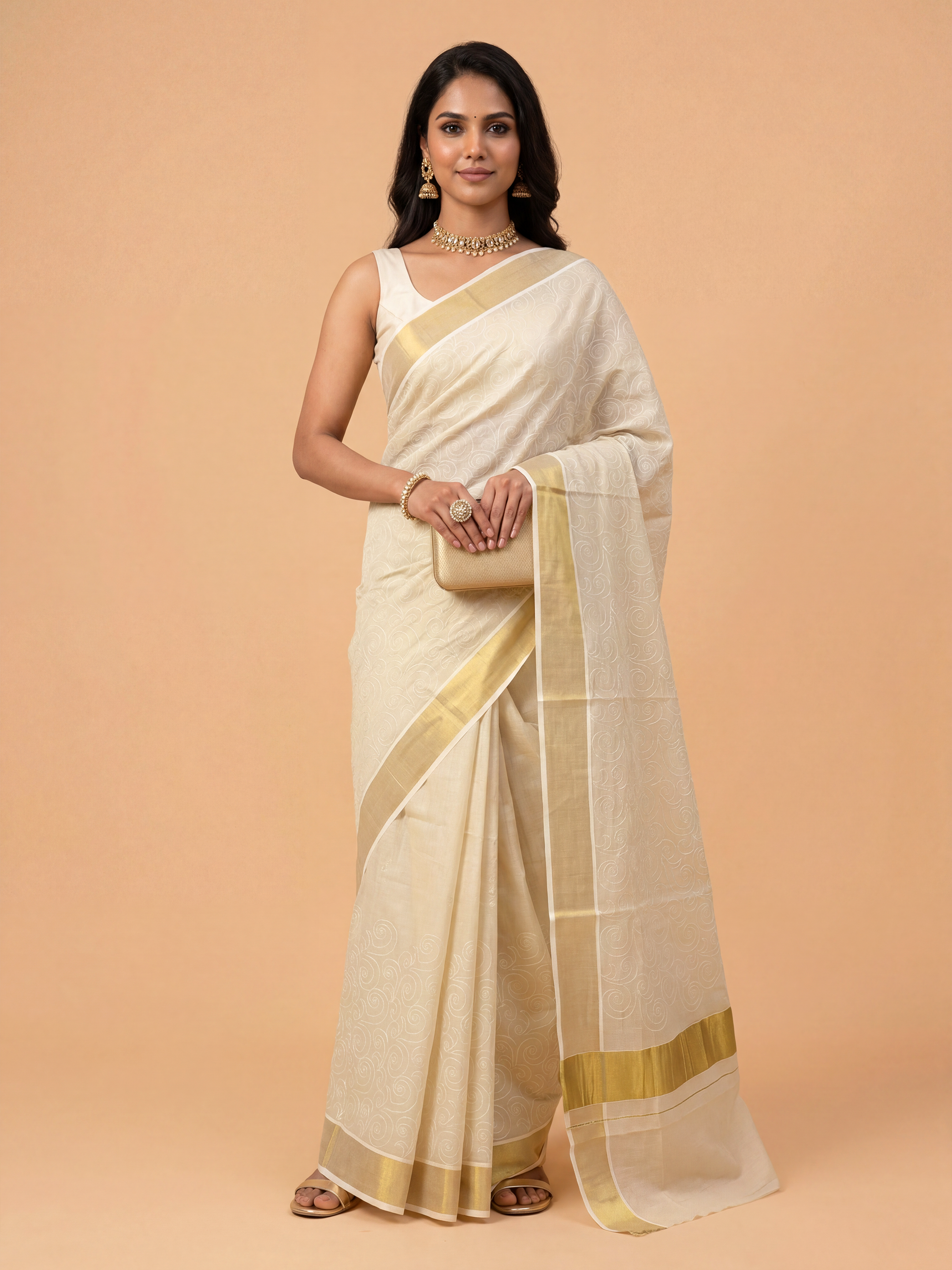 Women Tissue Cream Embroidered Kerala Saree KLS18