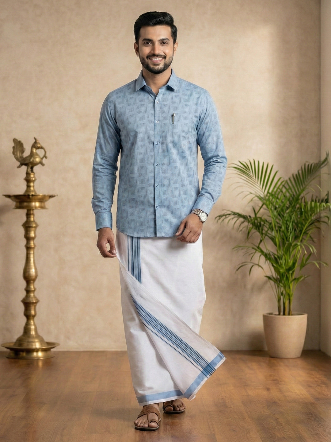 Like Father Like Son Matching Border Dhoti with Printed Shirt Combo Set Light Blue PS23