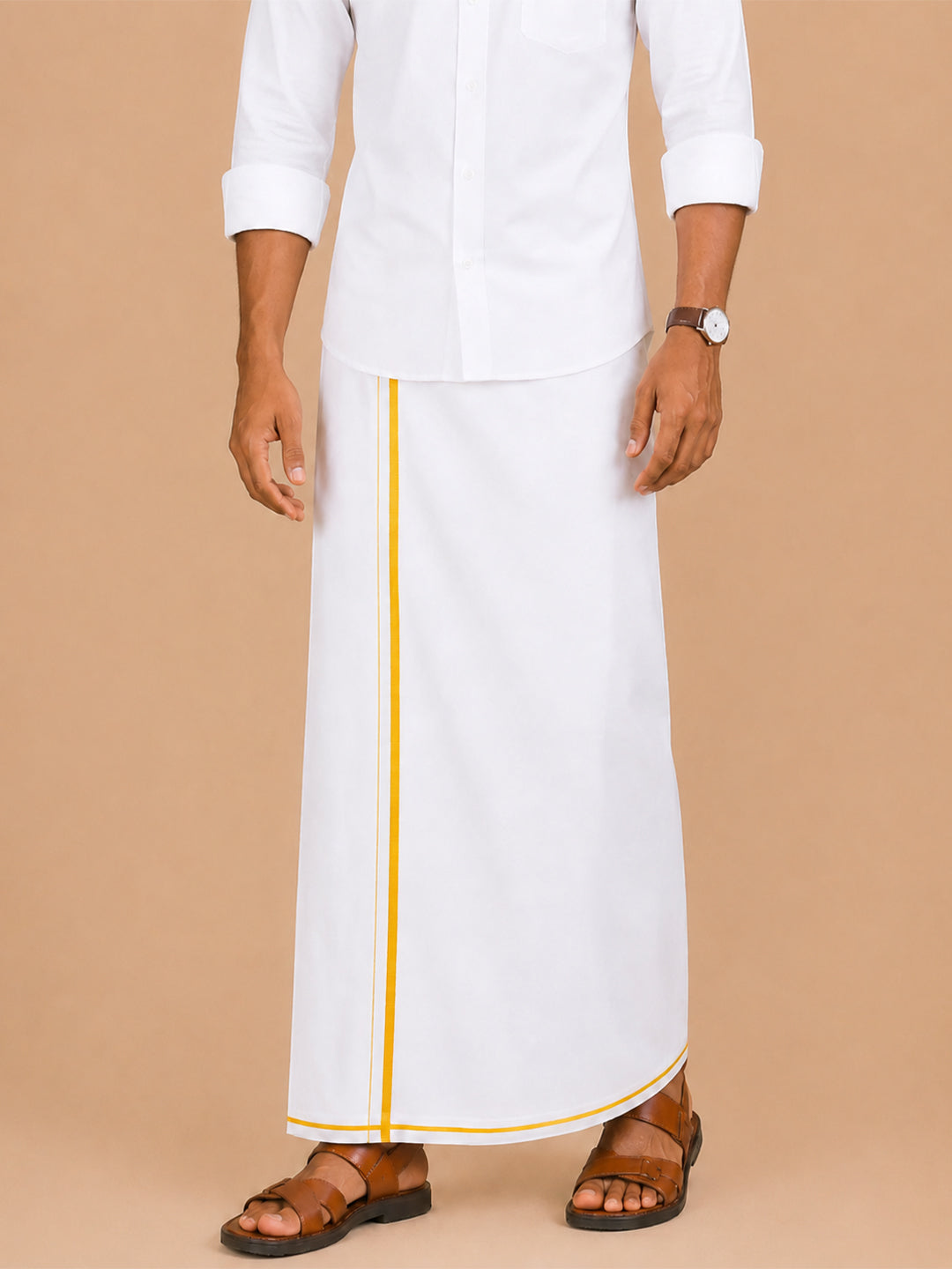 Double Layer 100% Cotton White Dhoti with Small Border - Real Value RV02