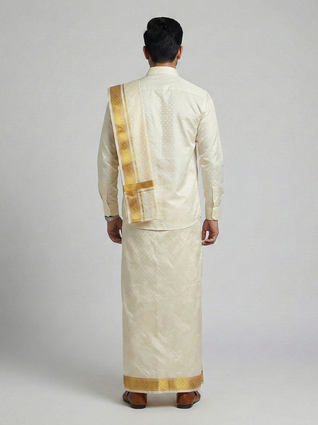 Men Art Silk Self Design Shirt with Readymade Dhoti & Towel Set Cream CRJD2