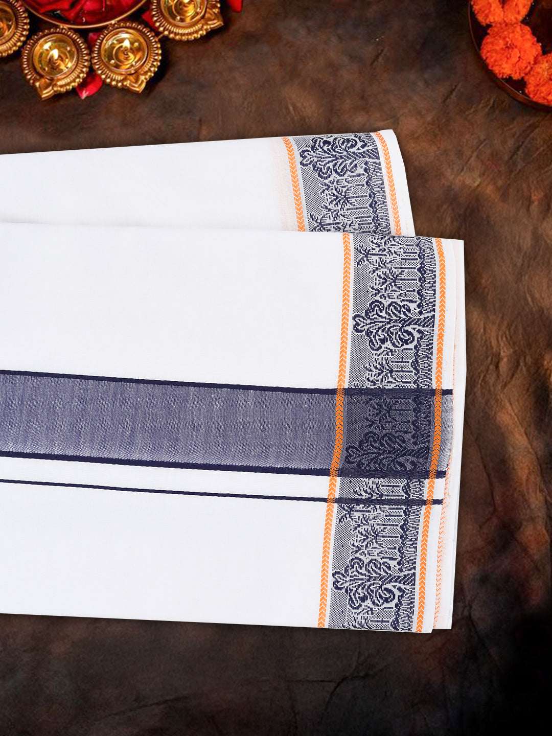 Men Cotton Navy Fancy Border Panchakacham with Angavasthram Srirasthu(9+5) SR57