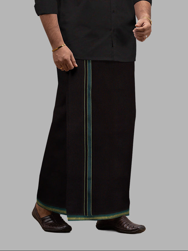 Men 100% Cotton Single Layer Black Dhoti with Mayilkhan Border Slokam (4 Way Dhoti )
