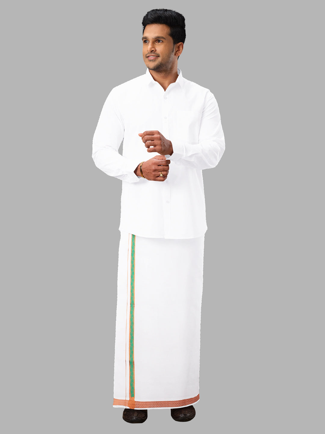 Men Cotton Blend Single Layer White Dhoti with Fancy Jari Border Roxy R02