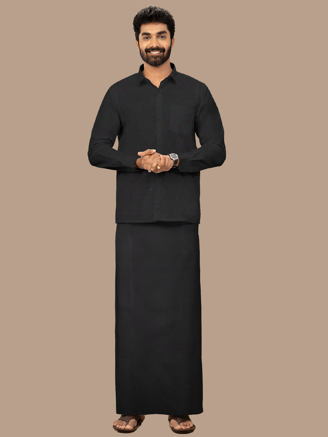 Men 100% Cotton Single Layer Black Dhoti with Small Border Poojan Paramas