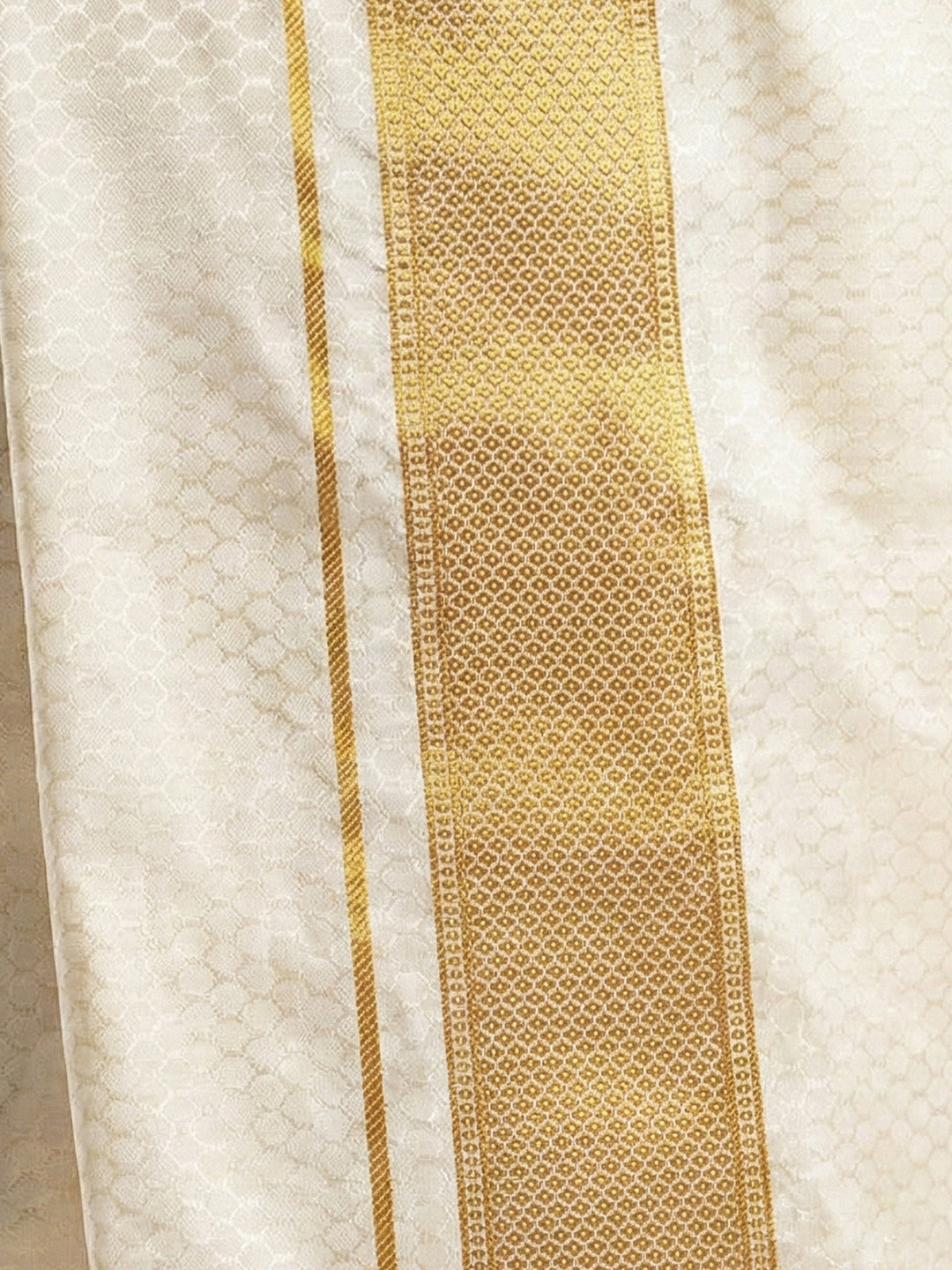 Men Art Silk Self Design Shirt with Readymade Dhoti & Towel Set Cream CRJD3