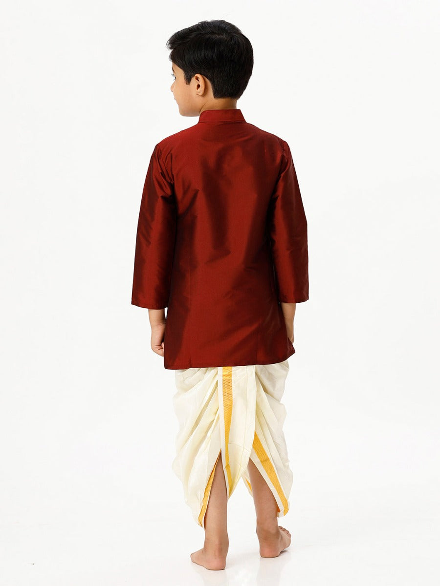 Boys Silk Cotton Full Sleeves Maroon Kurta with Panchakacham Combo-Back view