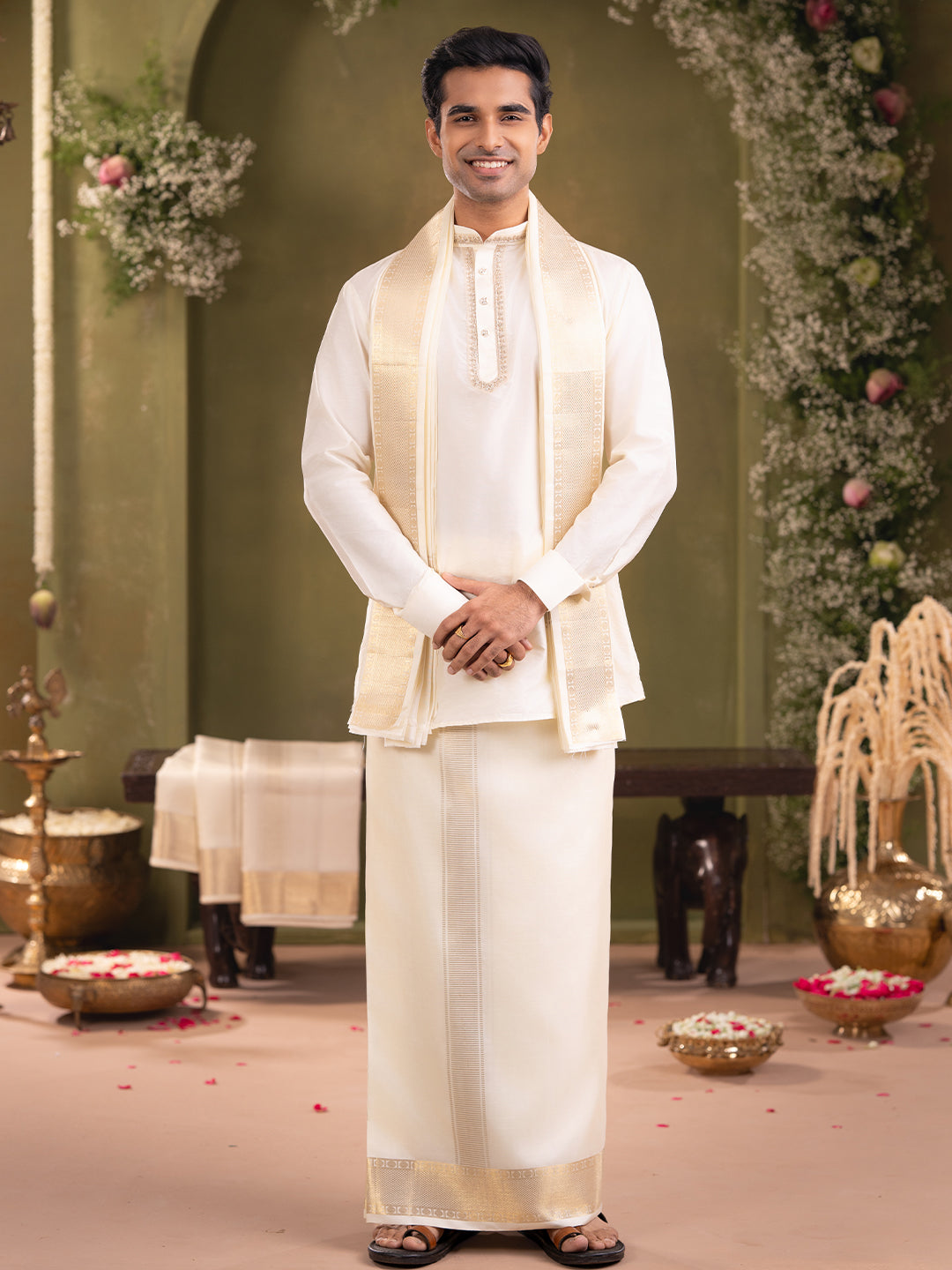 Premium Pure Silk 3" Cream Wedding Dhoti & Towel Set – Virutcham