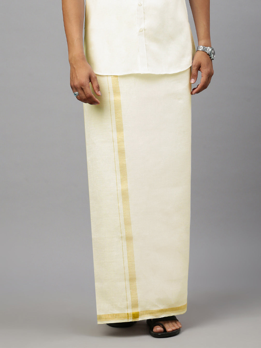 Men Pure Linen Double Layer Cream Dhoti with Gold Jari Border