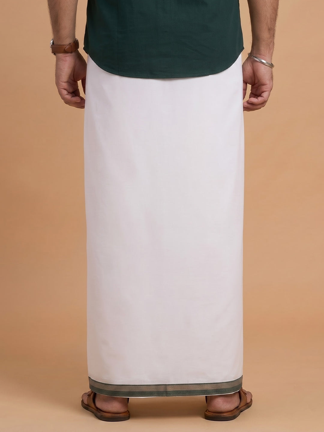 Double Layer 100% Cotton White Dhoti with Colour Jari Border - LC45