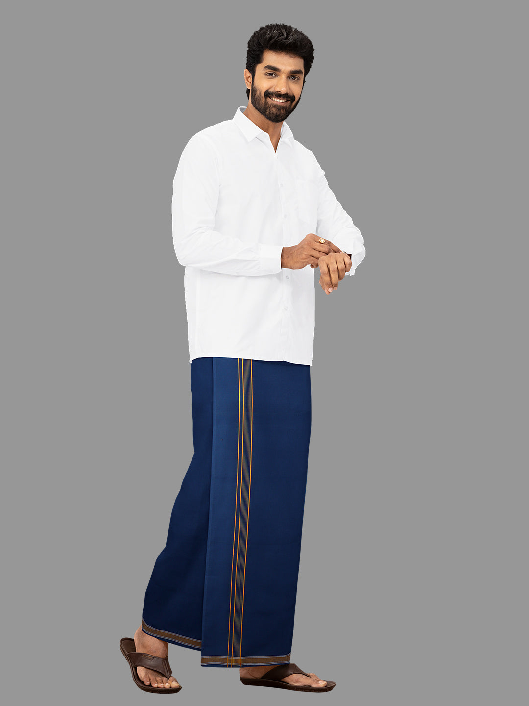 Men Cotton Blend Single Layer Blue Dhoti with Fancy Border Charming Line Colour 4