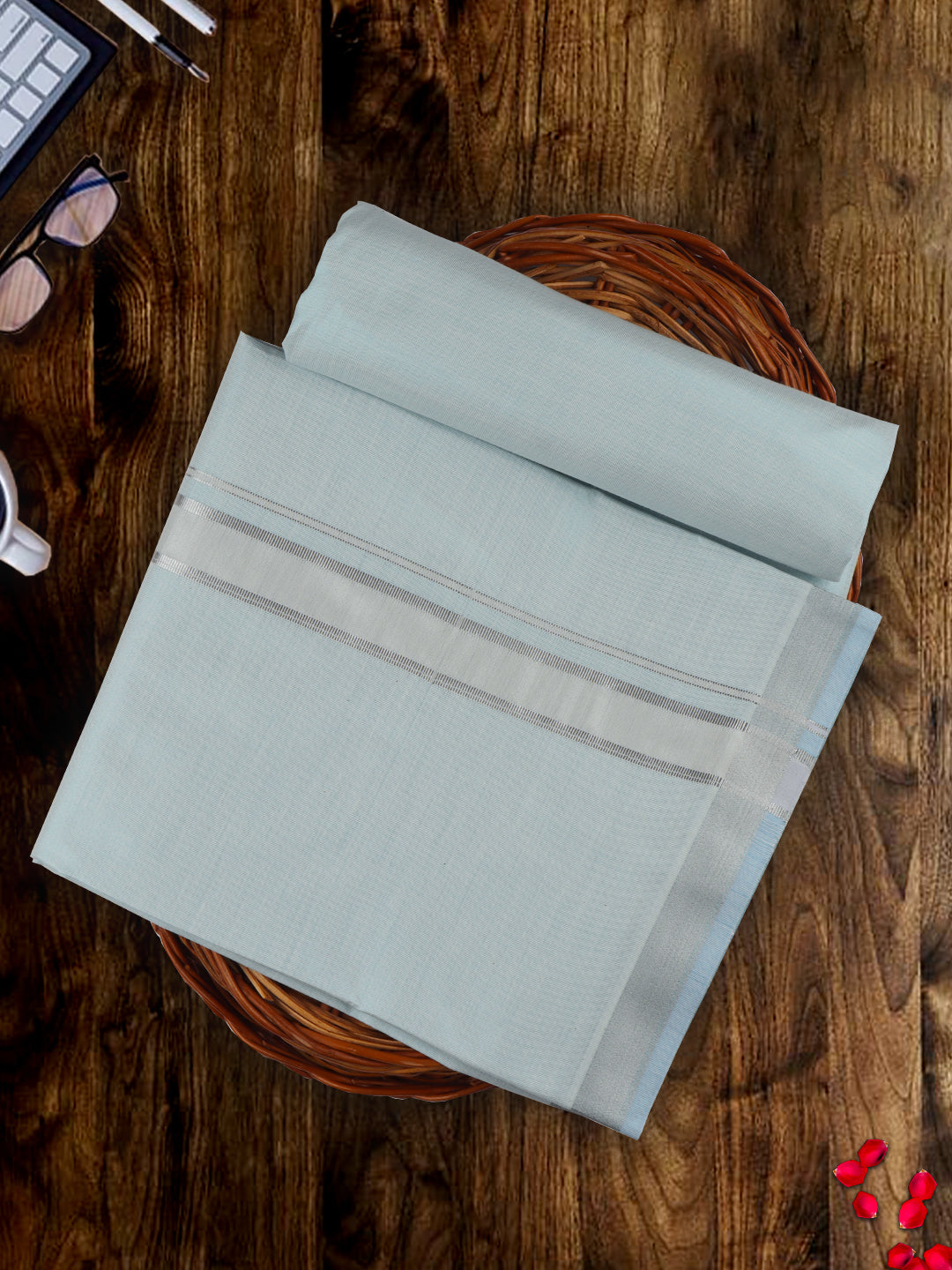 Men Tissue Cyan Dhoti & Shirt Fabric Celebrity Set