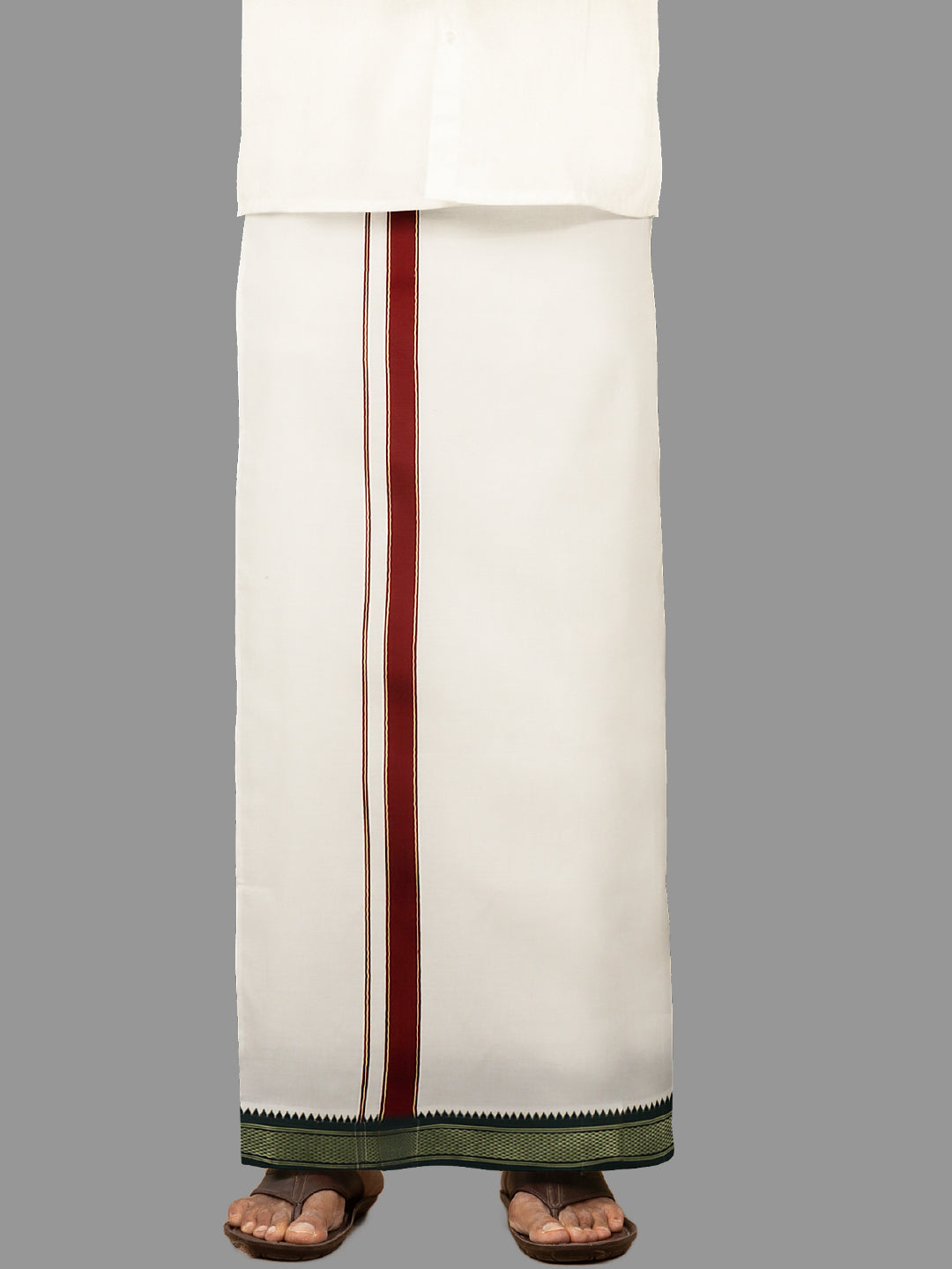 Men Kora Cotton Single Layer Dhoti with Mayilkhan Border Brindhavan (4 Way Dhoti )