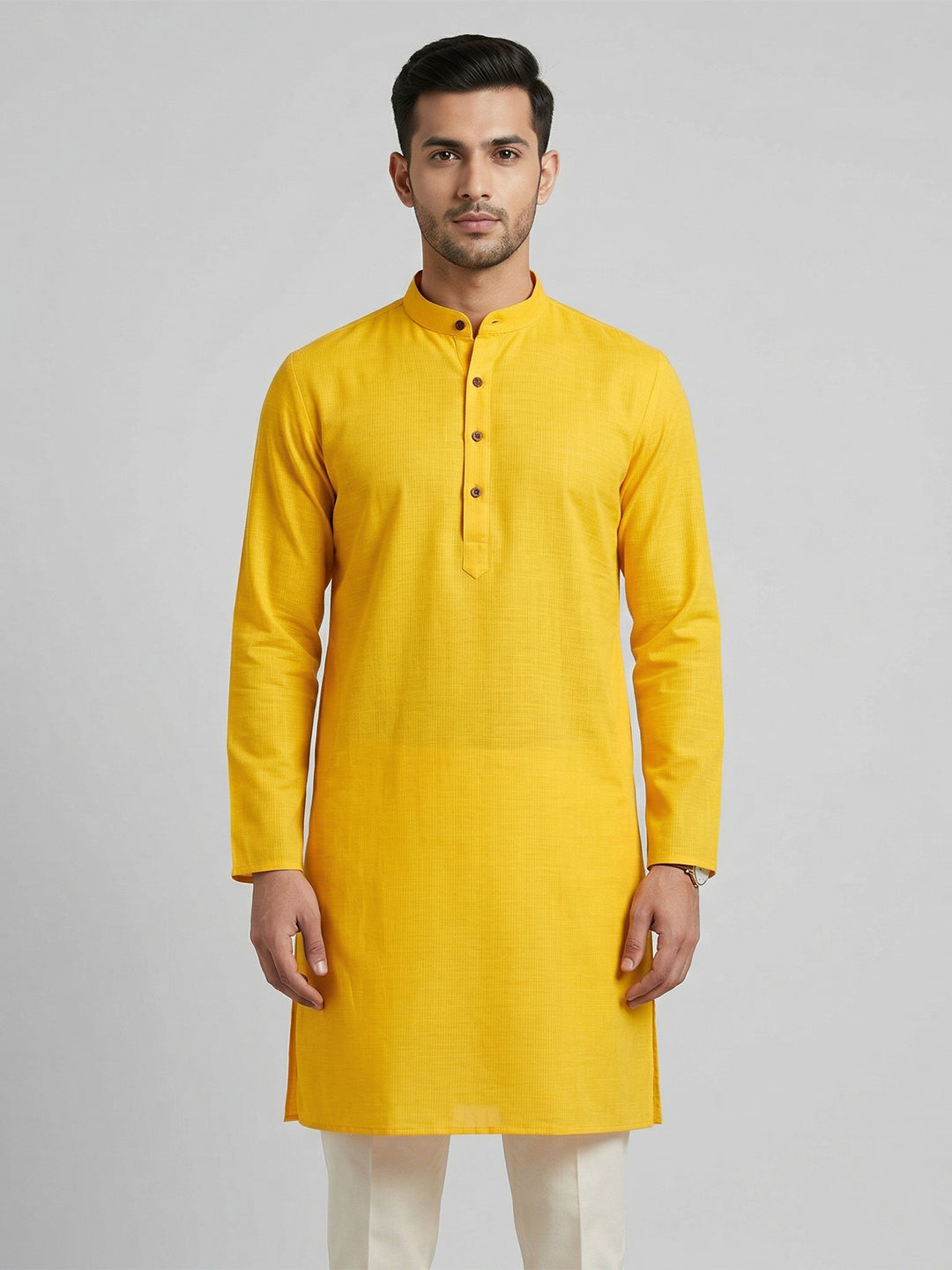 Cotton Medium Length Self Design Pocket Kurta Yellow D2