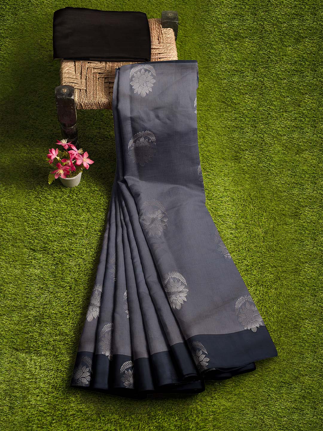 Women Bluish Grey Kotta Cotton Saree PCS186