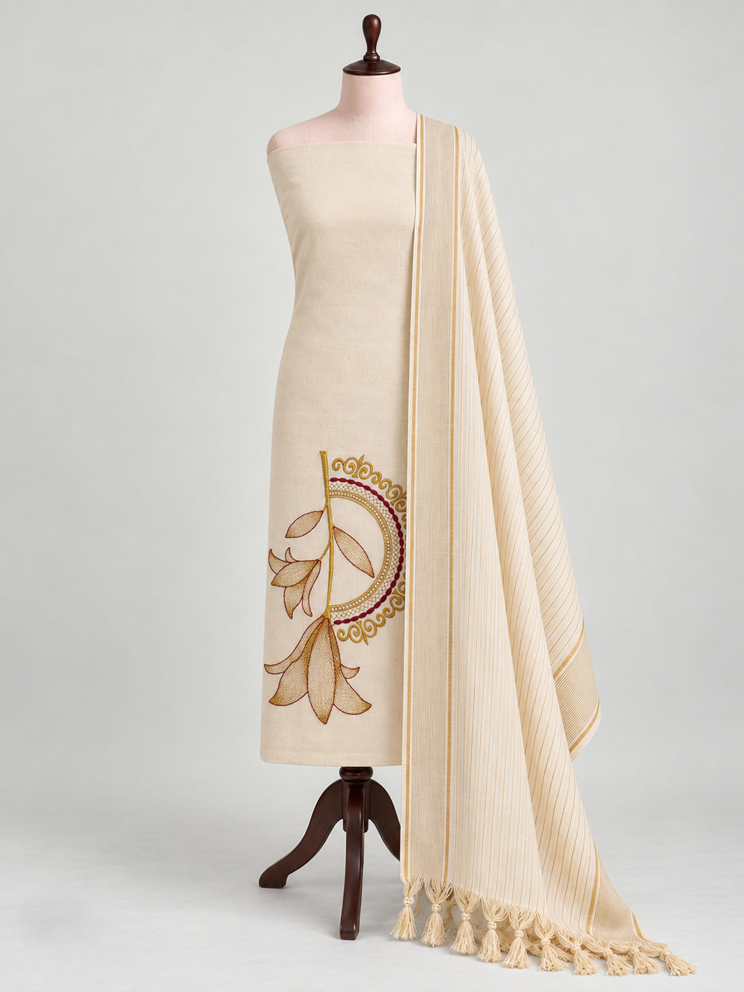 Women Kora Cotton Cream Embroidered Dress Material DM371