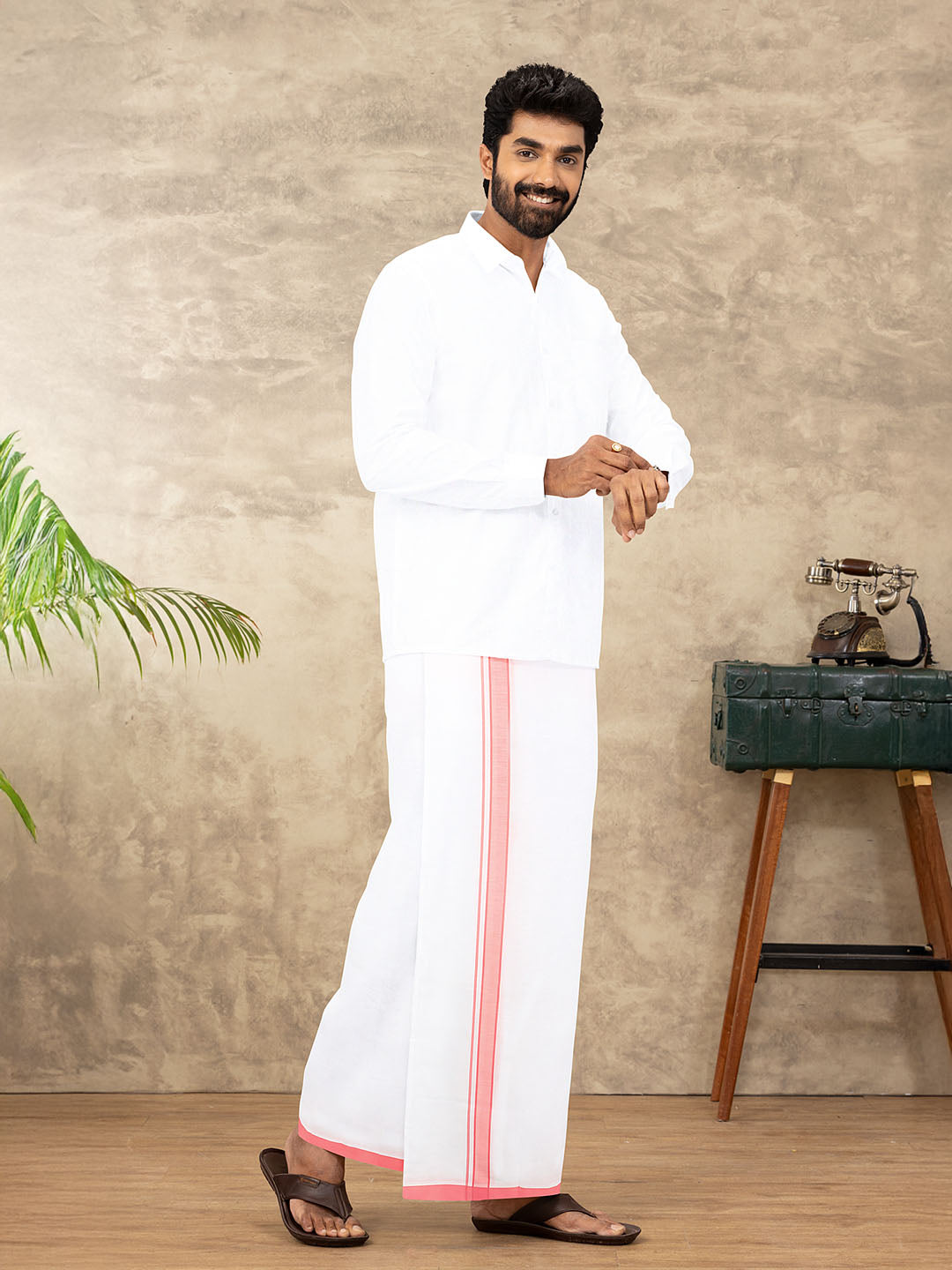 Men Cotton Blend Single Layer White Dhoti with Double Side Fancy Border HM 11