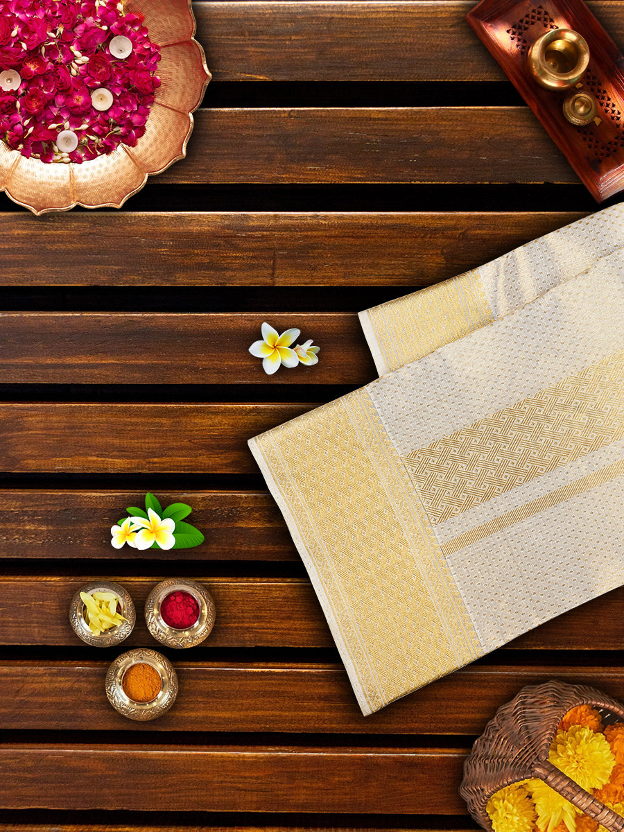 Premium Pure Silk Cream Tissue Jaquard Dhoti With Angavastram 4" Jari Border Agarshanaa-view three