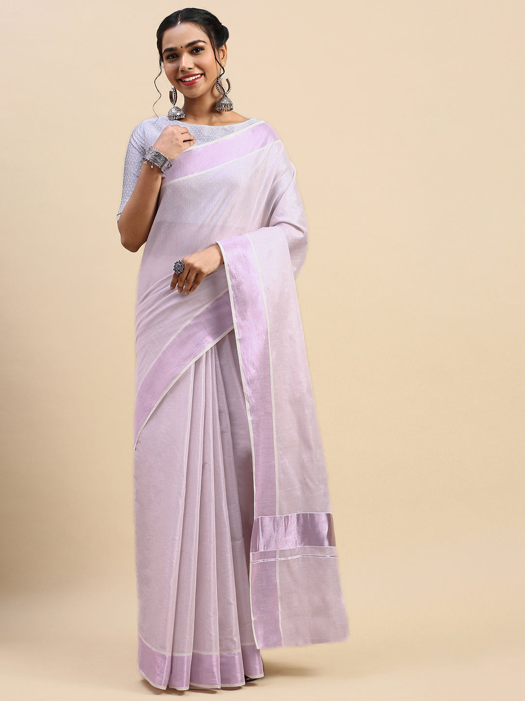 Women Traditional Kerala Tissue Rose Gold Plain Saree KS216