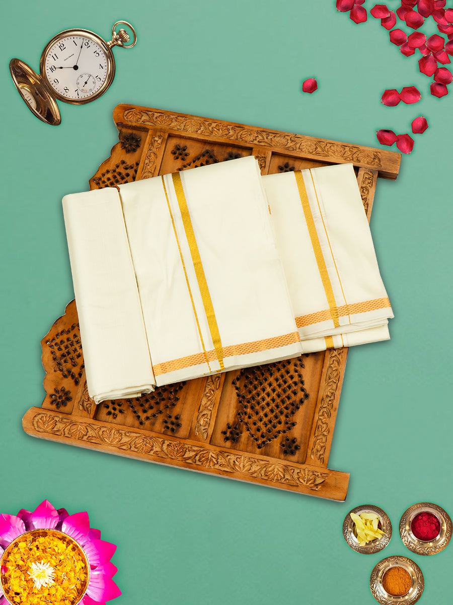 Men Pure Silk Cream with 1 1/2" inch Jari Border Dhoti Shirting & Towel Set Rajahamsa