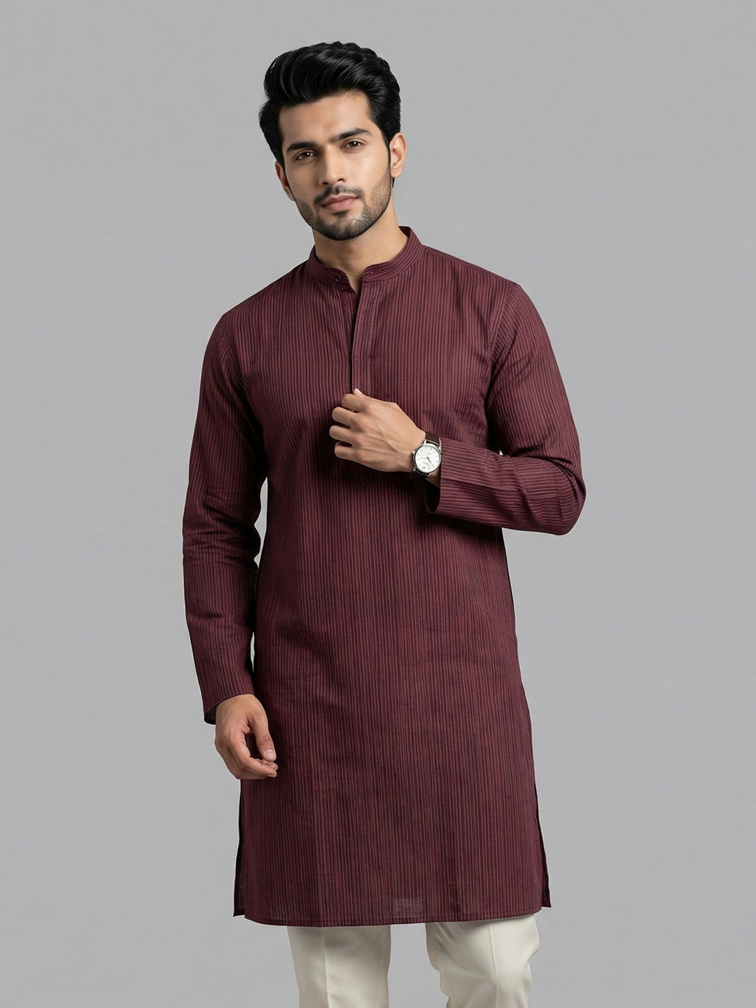 Men Cotton Medium Length Striped Pocket Kurta Maroon RN41