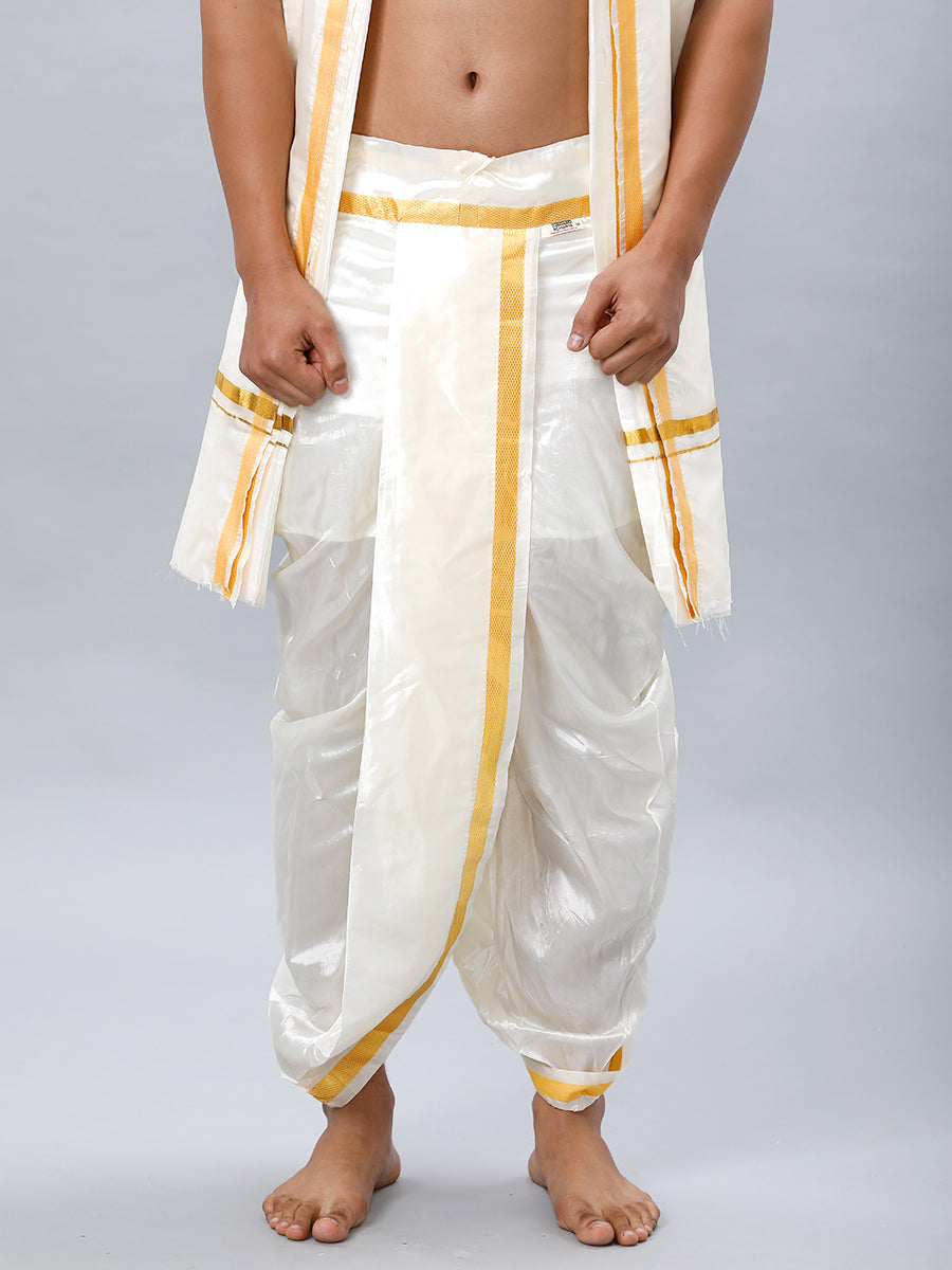 Men Premium Soft Silk Cream Readymade Panchakacham & Towel Set Pranav